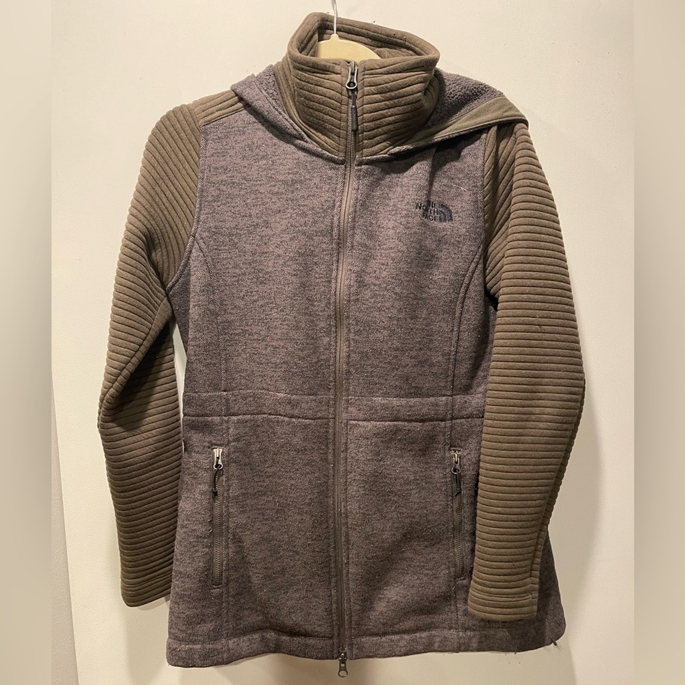 The North Face Women’s Hooded Fleece Jacket Gray/Olive Ribbed Sleeves Size M